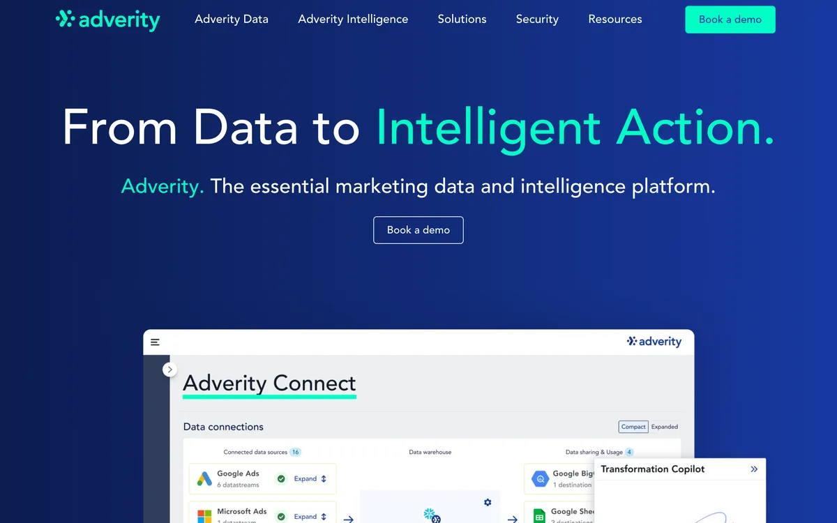Adverity homepage showing its integrated marketing data platform