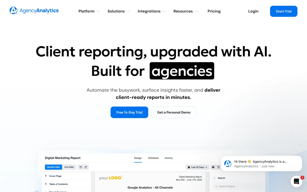 AgencyAnalytics homepage showing its agency client reporting dashboards