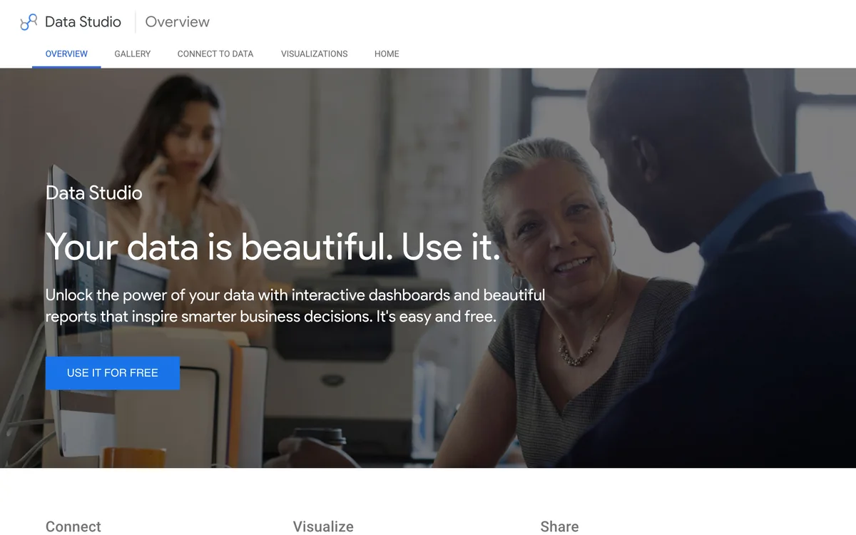 Looker Studio overview page showing its free reporting and dashboard product