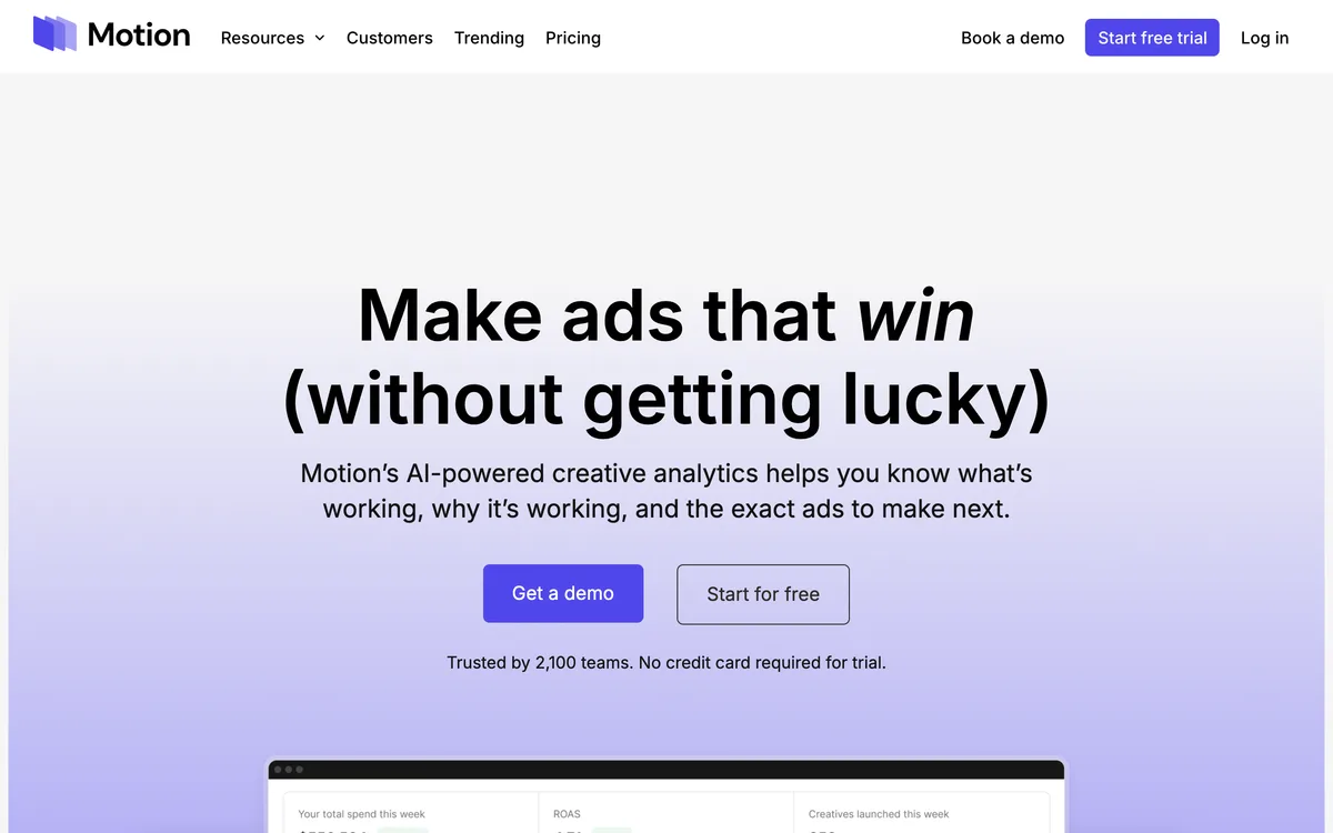 Motion homepage showing its creative analytics reporting platform