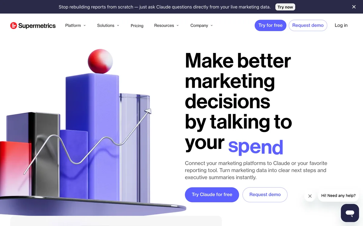Supermetrics homepage showing its marketing data pipeline product