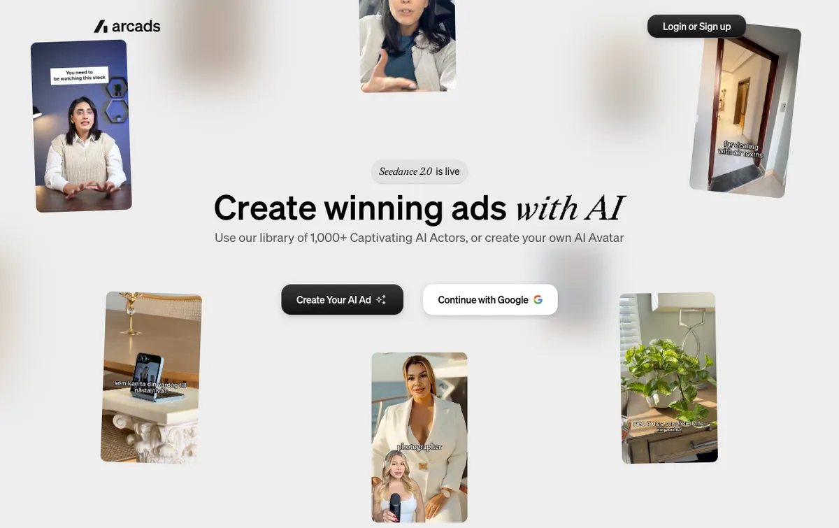 Arcads homepage, an actor-style AI UGC video ad tool