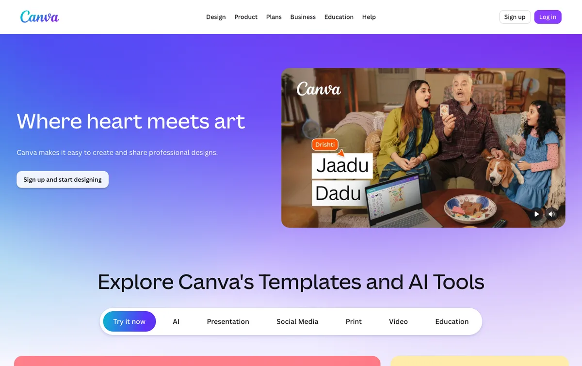 Canva homepage, home of Canva Magic Studio AI design tools