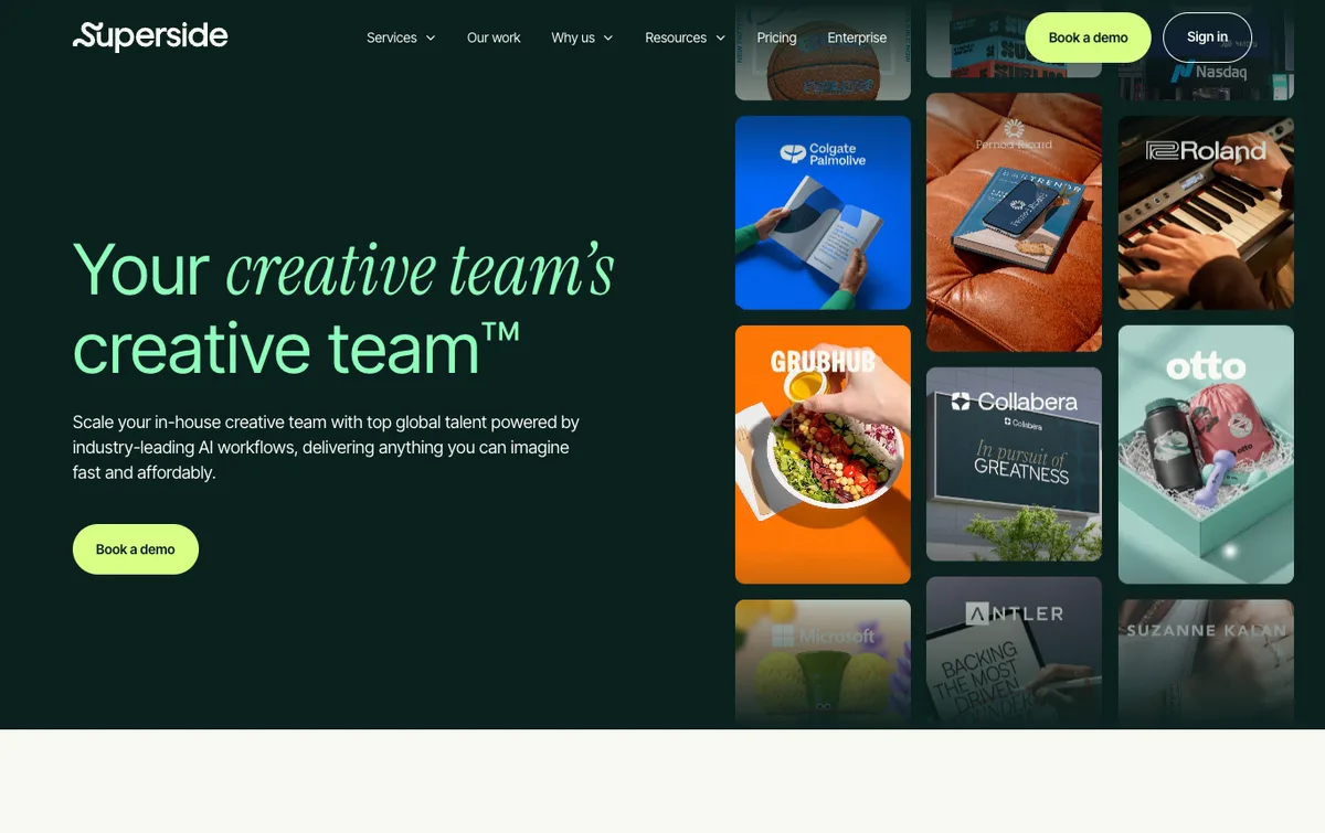 Superside homepage, an AI-assisted creative-as-a-service subscription