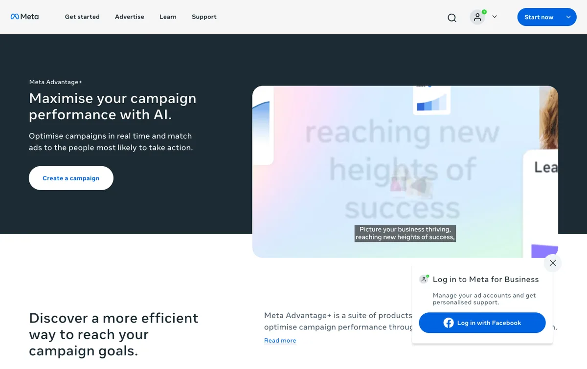 Meta Advantage+ homepage