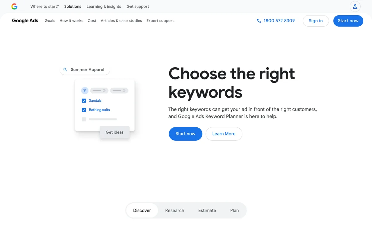 Google Keyword Planner homepage