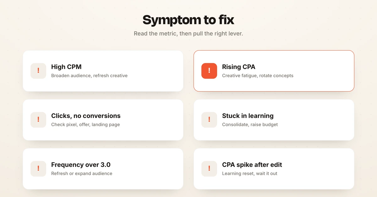 Two-column Facebook ads diagnostic diagram mapping symptoms to fixes: high CPM to refresh creative or broaden audience, no conversions to check pixel and offer, rising CPA to creative fatigue