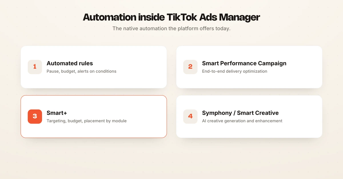 Diagram of automation options inside TikTok Ads Manager including automated rules, Smart Performance Campaign, Smart+, and Smart Creative