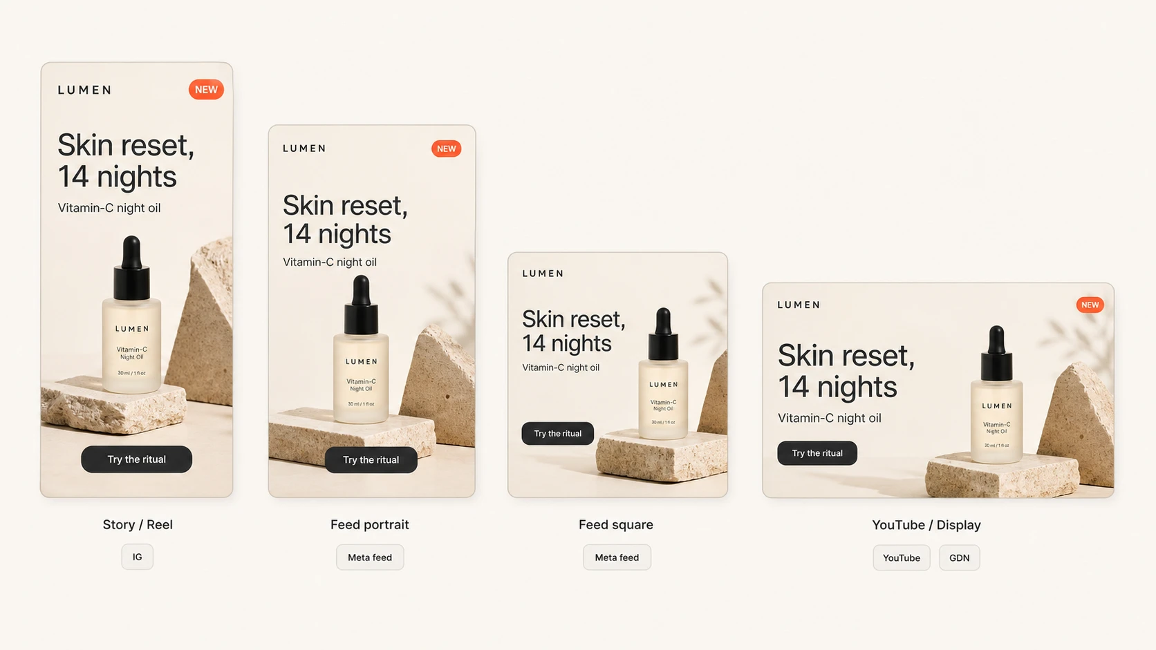 The same creative rendered at every platform aspect ratio: story, feed, square, and landscape