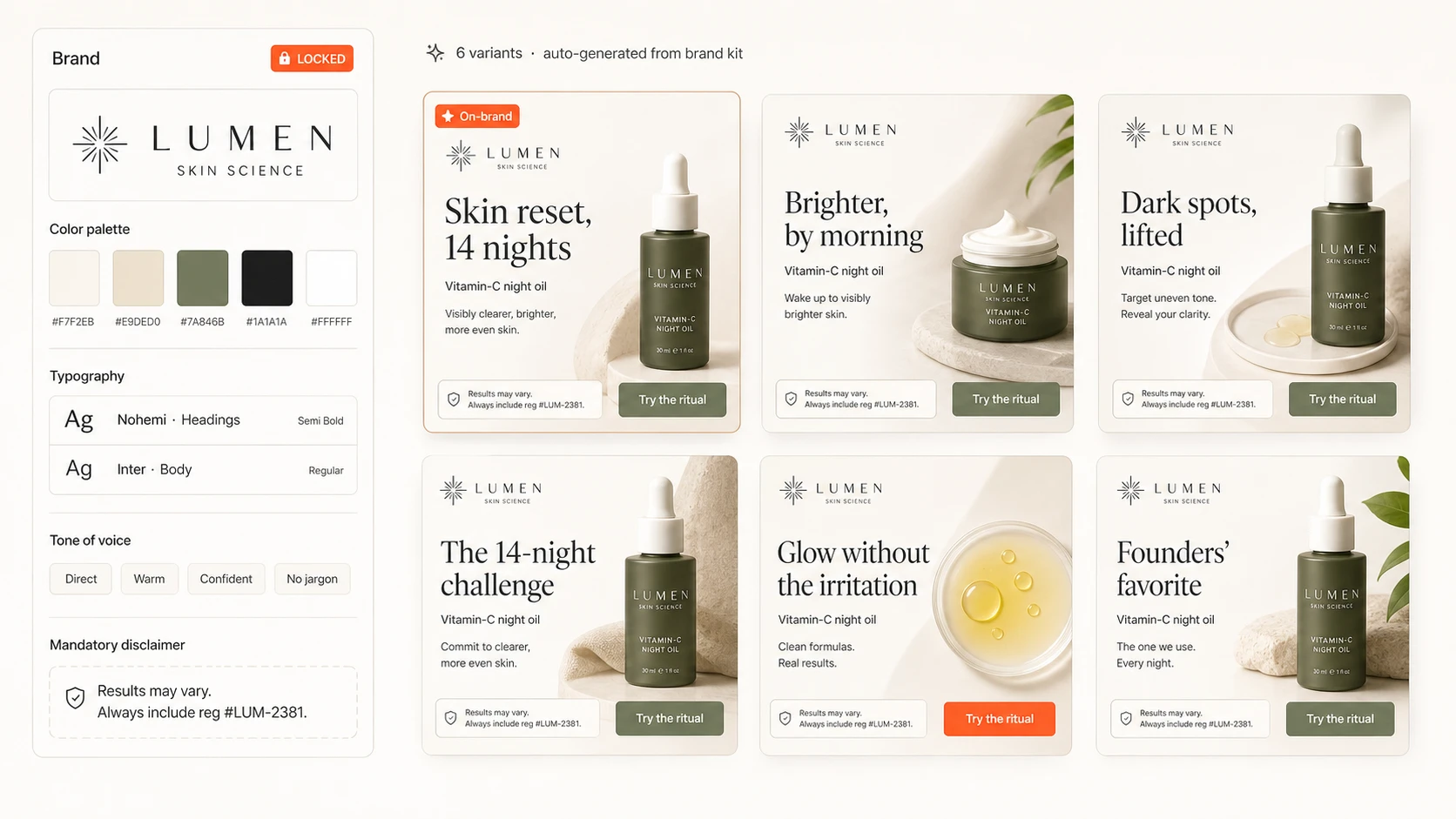 Brand kit panel locked to six on-brand generated variants