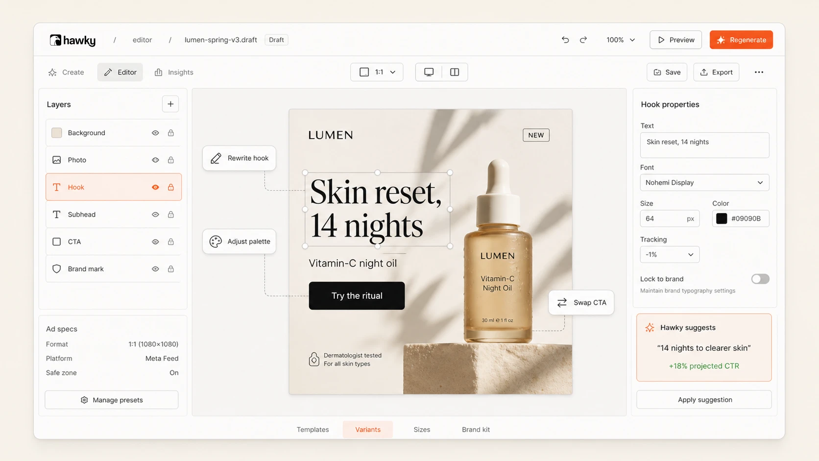 Hawky's built-in creative editor: canvas with swap-CTA, rewrite-hook, and regenerate controls