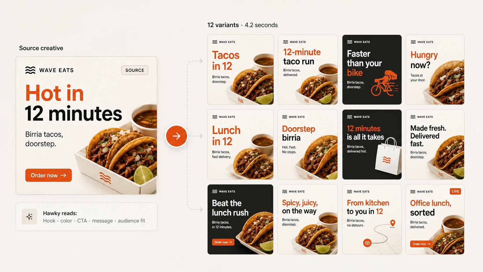 One source ad expanded into twelve generated variants by Hawky